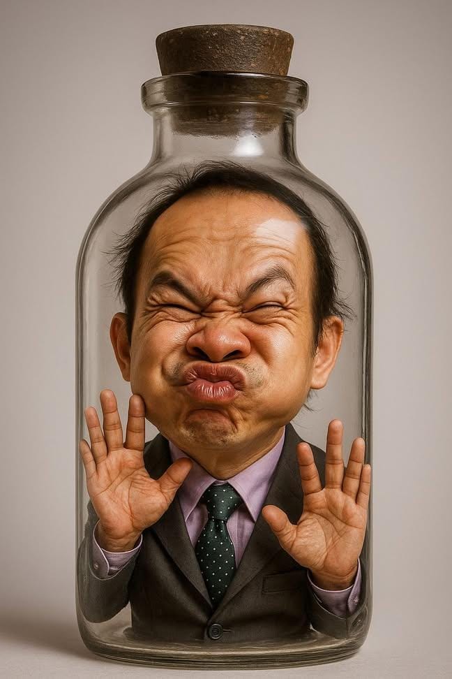 Face and body comically trapped inside bottle